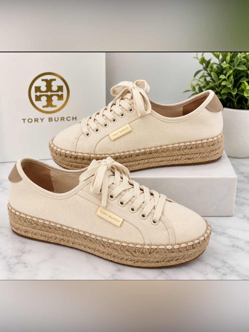 Tory Burch Women Natural Canvas Lace-Up Espadrille Platform Sneakers Size 7